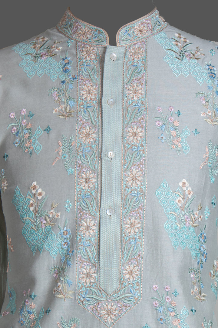 Aqua Chanderi Kurta for Men | Machine Embroidered Designer Kurta | Premium Festive &amp; Wedding Wear