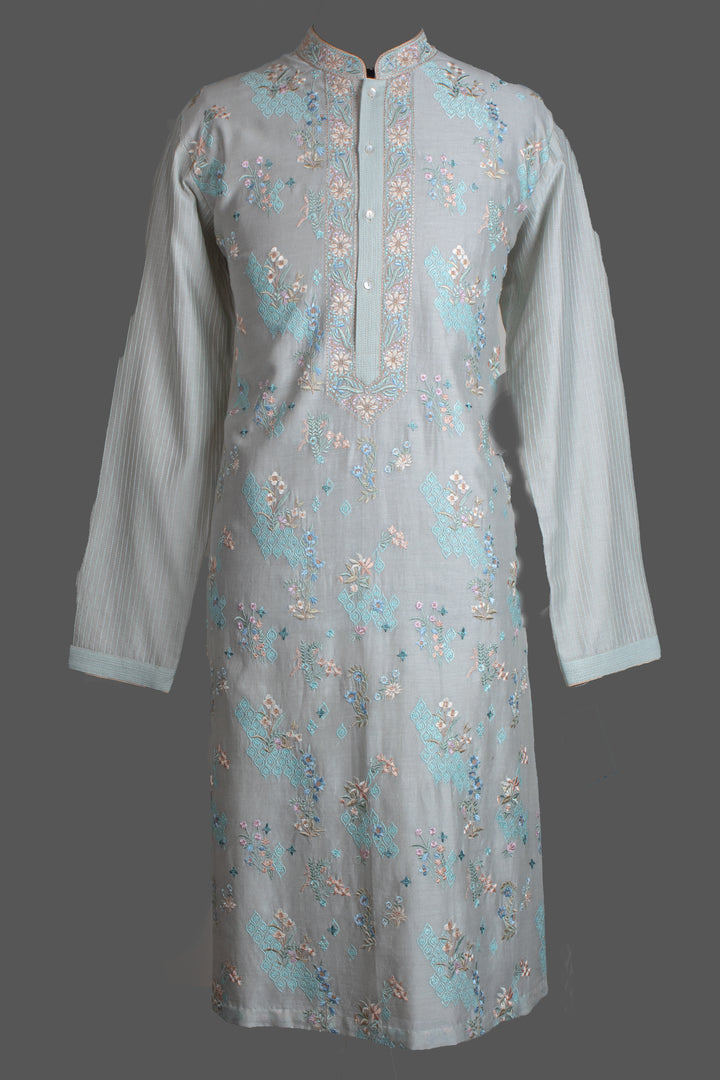 Aqua Chanderi Kurta for Men | Machine Embroidered Designer Kurta | Premium Festive &amp; Wedding Wear