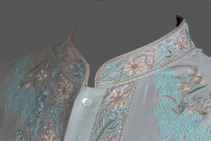 Aqua Chanderi Kurta for Men | Machine Embroidered Designer Kurta | Premium Festive &amp; Wedding Wear
