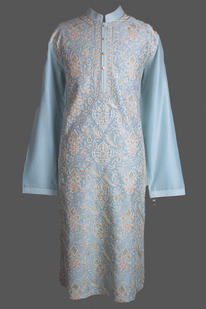 Sky Blue Chanderi Kurta for Men | Aari Jaal Embroidered Designer Kurta | Luxury Wedding & Festive Wear
