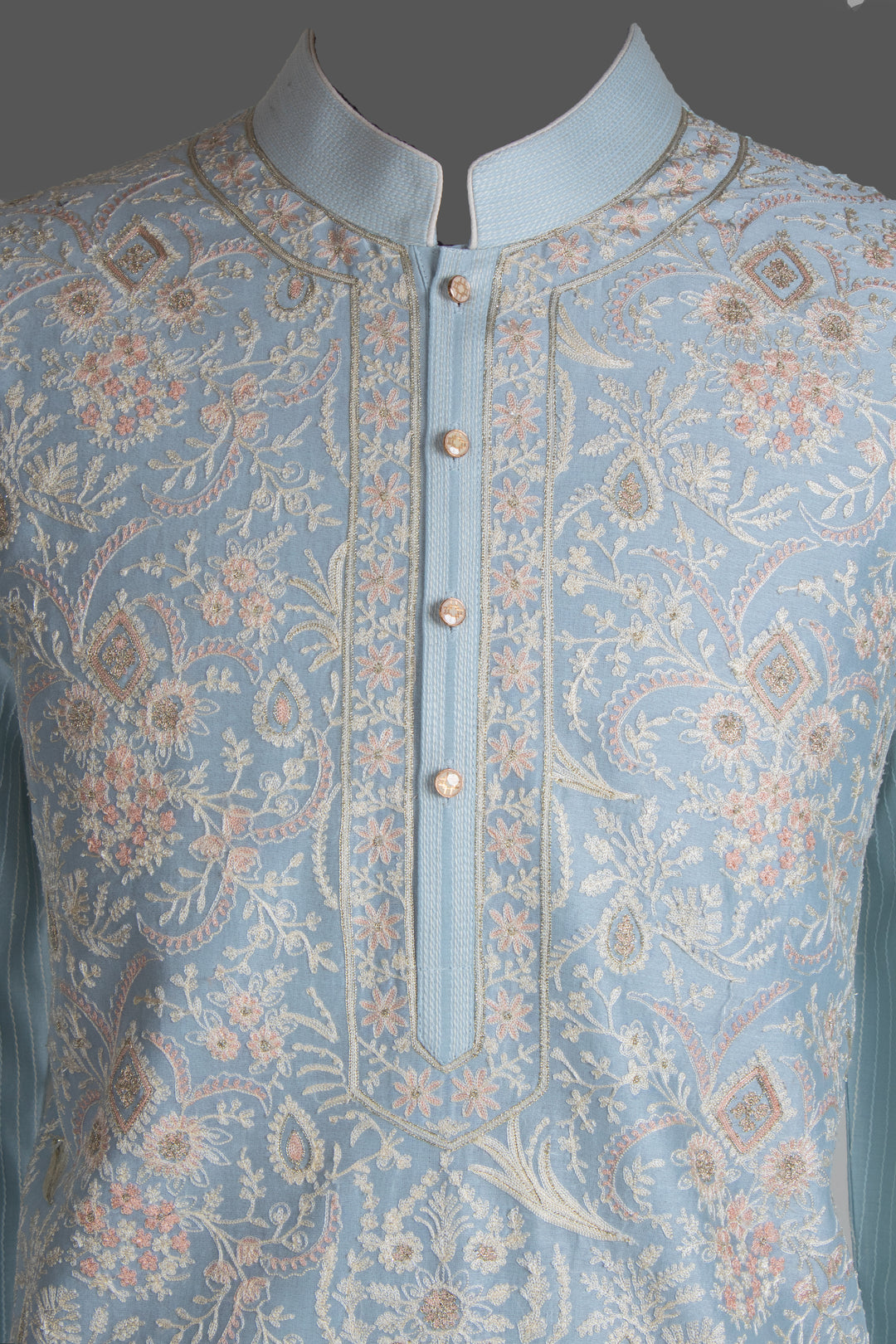 Sky Blue Chanderi Kurta for Men | Aari Jaal Embroidered Designer Kurta | Luxury Wedding & Festive Wear