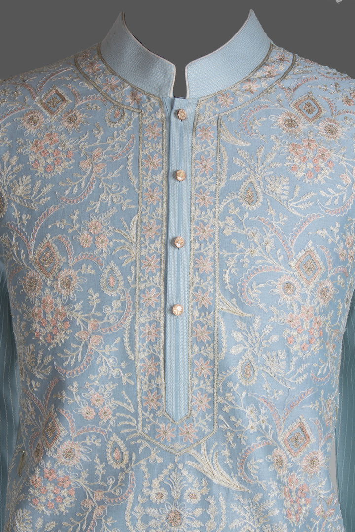 Sky Blue Chanderi Kurta for Men | Aari Jaal Embroidered Designer Kurta | Luxury Wedding & Festive Wear