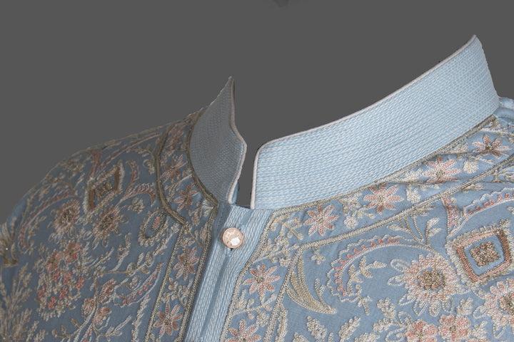 Sky Blue Chanderi Kurta for Men | Aari Jaal Embroidered Designer Kurta | Luxury Wedding & Festive Wear