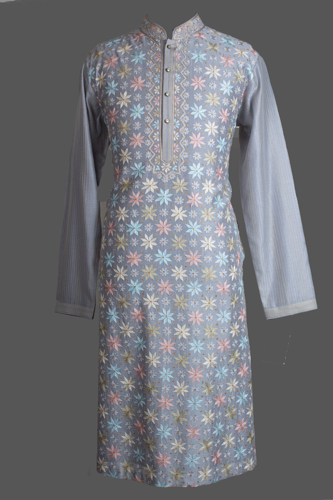 Grey Chanderi Kurta for Men | Aari Booti Embroidered Designer Kurta | Premium Wedding & Festive Wear
