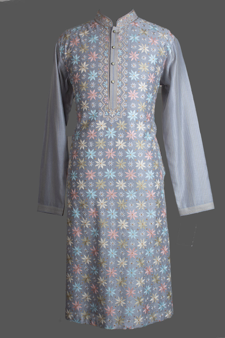 Grey Chanderi Kurta for Men | Aari Booti Embroidered Designer Kurta | Premium Wedding & Festive Wear