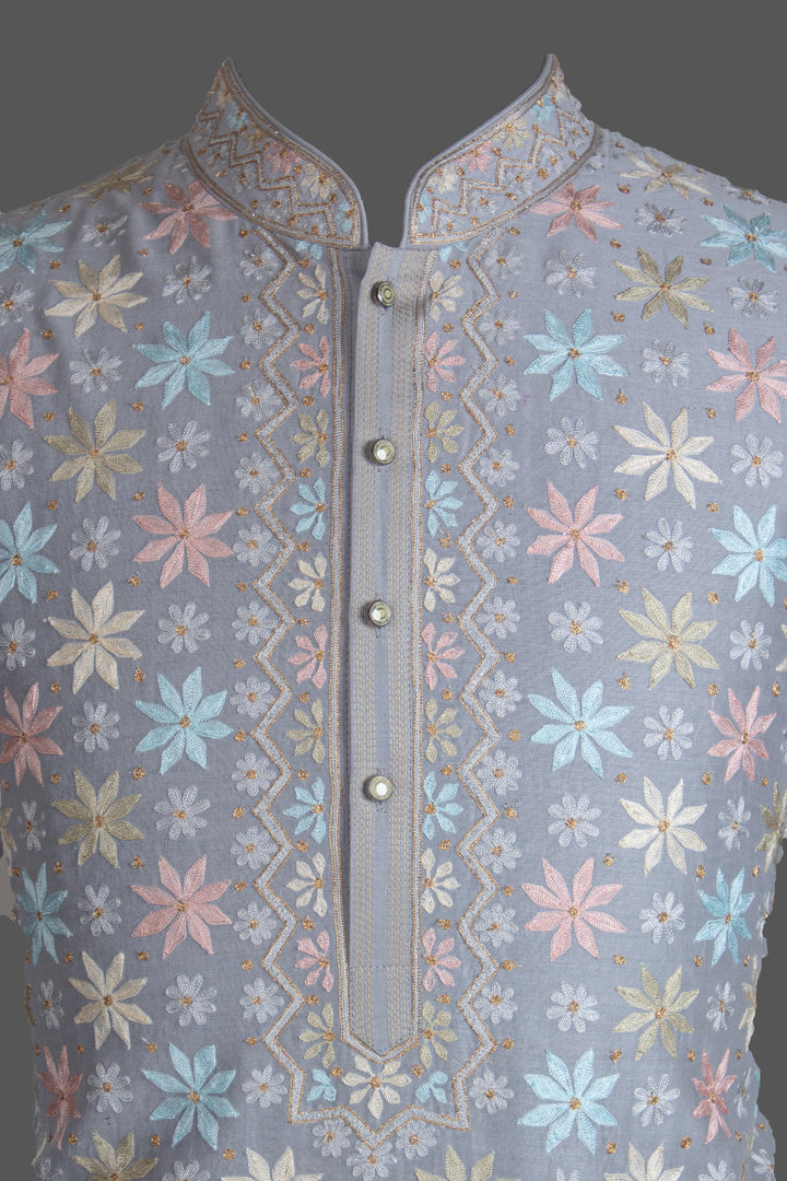 Grey Chanderi Kurta for Men | Aari Booti Embroidered Designer Kurta | Premium Wedding & Festive Wear