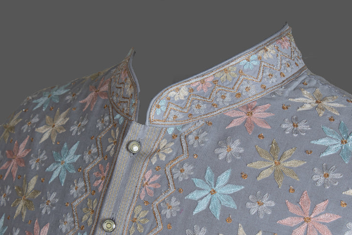 Grey Chanderi Kurta for Men | Aari Booti Embroidered Designer Kurta | Premium Wedding & Festive Wear