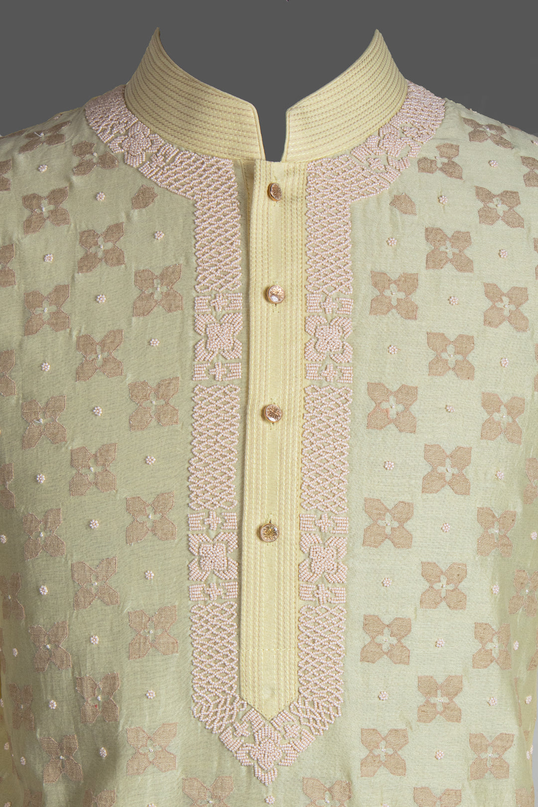 Lemon Yellow Chanderi Kurta for Men | Patch &amp; Moti Work Designer Kurta | Festive &amp; Wedding Wear
