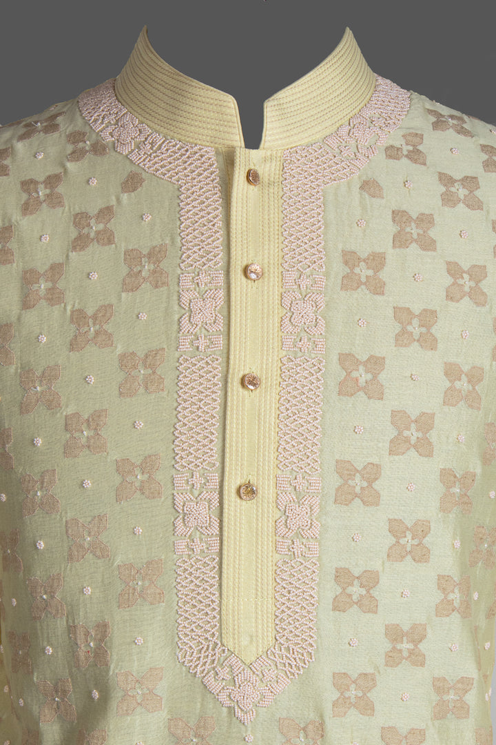 Lemon Yellow Chanderi Kurta for Men | Patch &amp; Moti Work Designer Kurta | Festive &amp; Wedding Wear