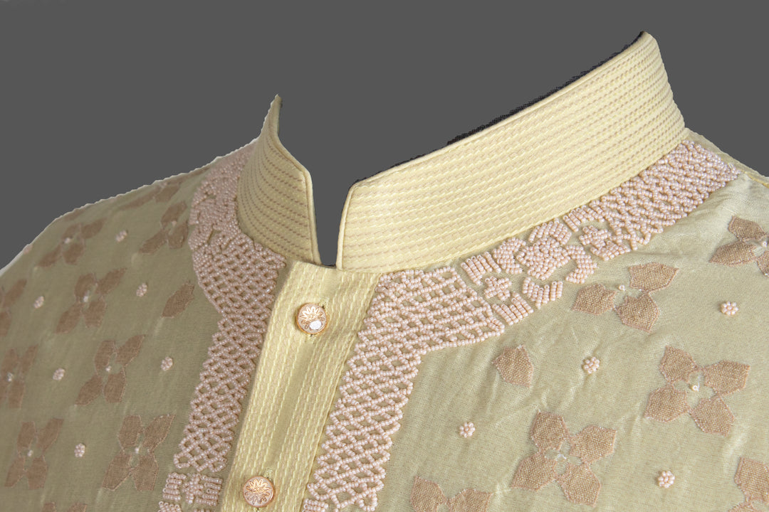 Lemon Yellow Chanderi Kurta for Men | Patch &amp; Moti Work Designer Kurta | Festive &amp; Wedding Wear