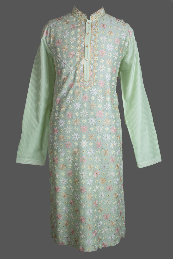 Mint Green Chanderi Kurta for Men | Aari Embroidered Designer Kurta | Luxury Festive &amp; Wedding Wear