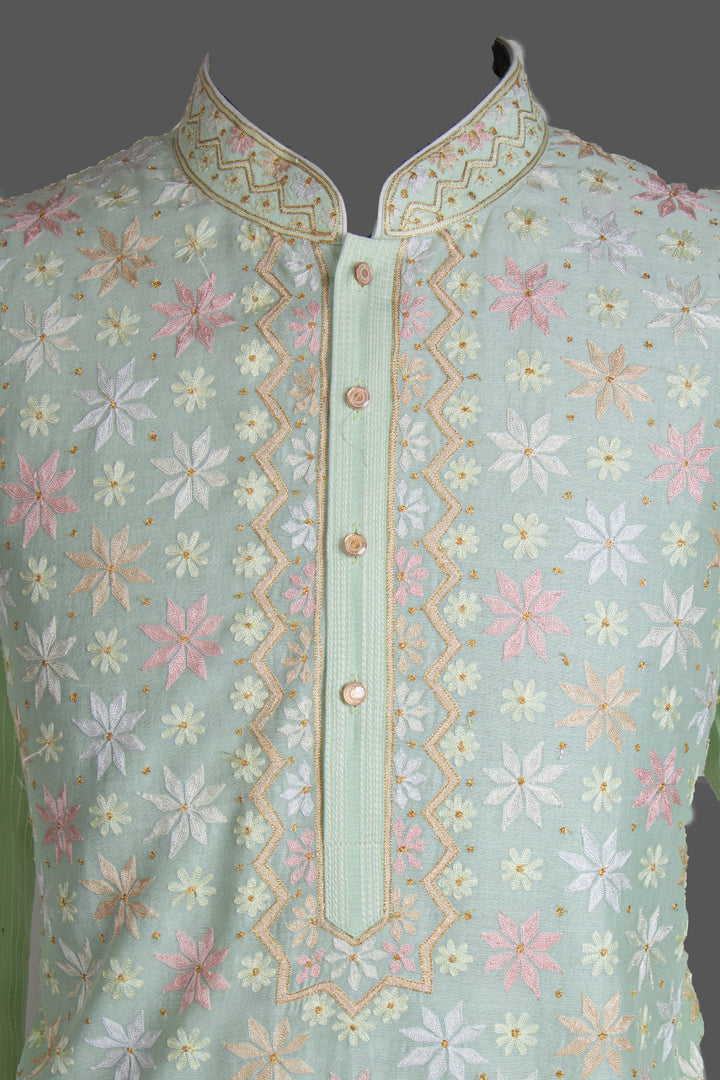 Mint Green Chanderi Kurta for Men | Aari Embroidered Designer Kurta | Luxury Festive &amp; Wedding Wear