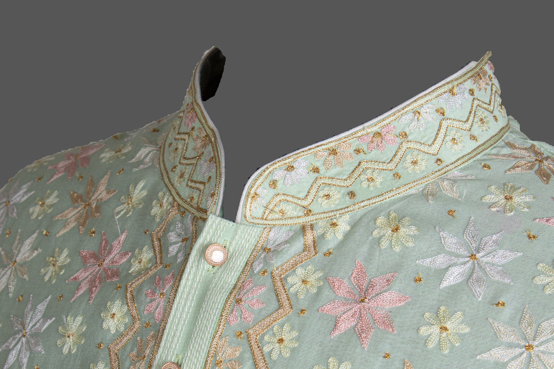 Mint Green Chanderi Kurta for Men | Aari Embroidered Designer Kurta | Luxury Festive &amp; Wedding Wear