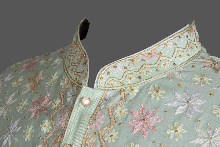 Mint Green Chanderi Kurta for Men | Aari Embroidered Designer Kurta | Luxury Festive &amp; Wedding Wear