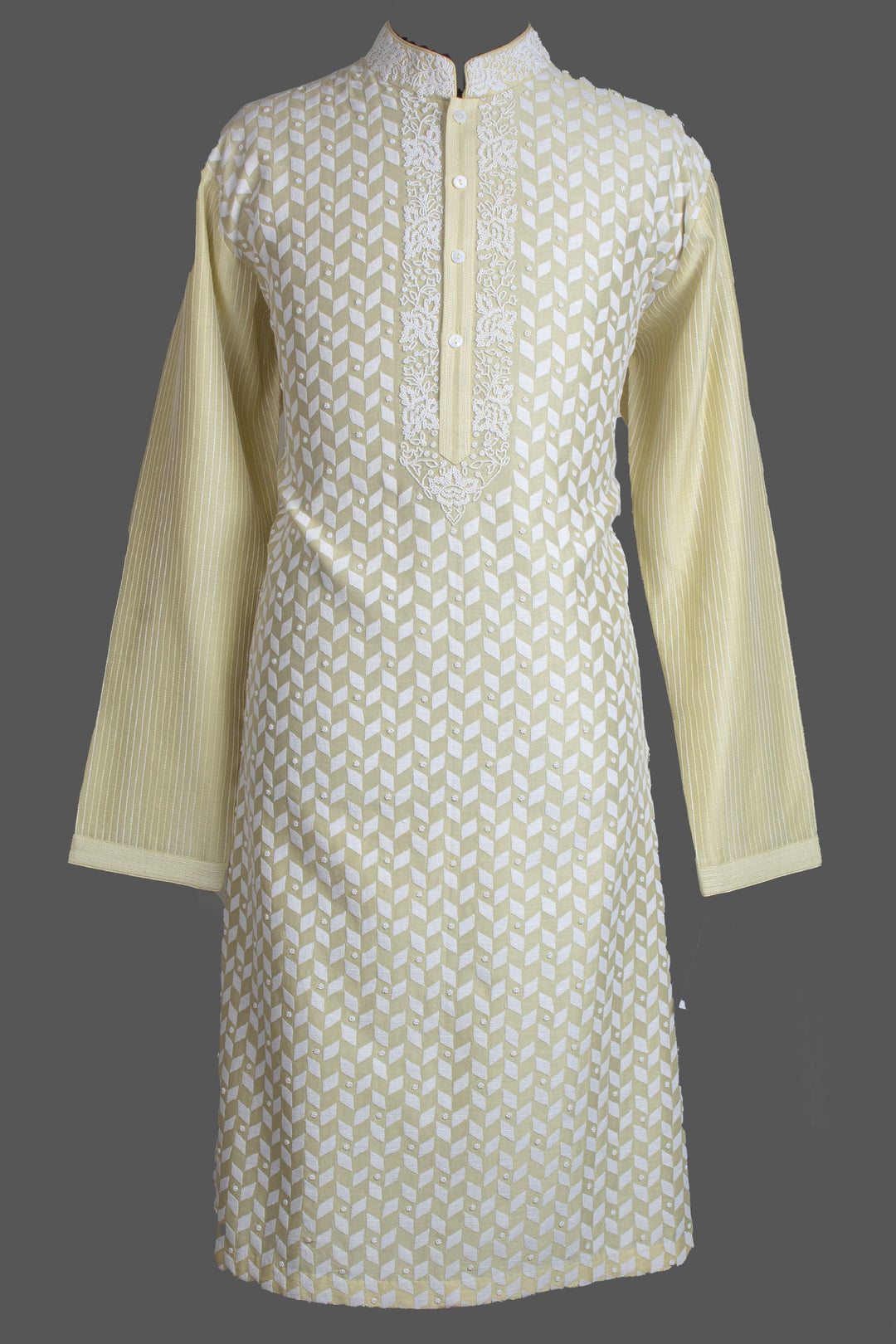 Light Yellow Chanderi Kurta for Men | Patch &amp; Moti Work Designer Kurta | Luxury Festive &amp; Wedding Wear