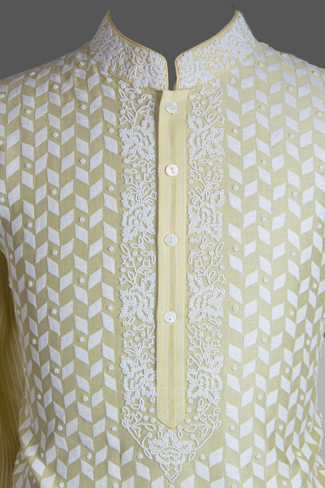Light Yellow Chanderi Kurta for Men | Patch &amp; Moti Work Designer Kurta | Luxury Festive &amp; Wedding Wear
