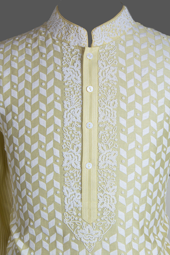 Light Yellow Chanderi Kurta for Men | Patch &amp; Moti Work Designer Kurta | Luxury Festive &amp; Wedding Wear