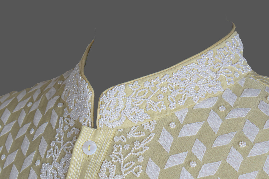 Light Yellow Chanderi Kurta for Men | Patch &amp; Moti Work Designer Kurta | Luxury Festive &amp; Wedding Wear