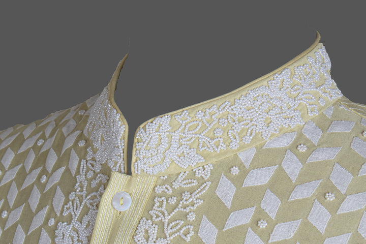 Light Yellow Chanderi Kurta for Men | Patch &amp; Moti Work Designer Kurta | Luxury Festive &amp; Wedding Wear