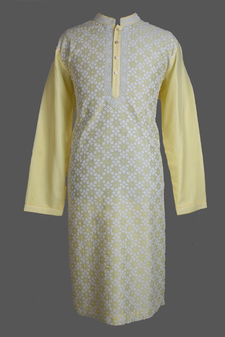 Light Yellow Chanderi Kurta for Men | Patch & Moti Work Designer Kurta | Premium Festive & Wedding Wear