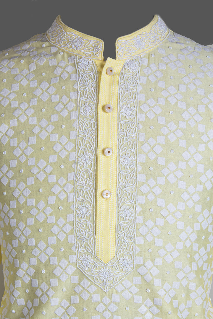 Light Yellow Chanderi Kurta for Men | Patch & Moti Work Designer Kurta | Premium Festive & Wedding Wear