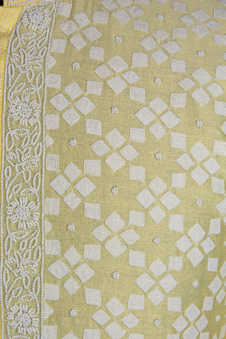 Light Yellow Chanderi Kurta for Men | Patch & Moti Work Designer Kurta | Premium Festive & Wedding Wear