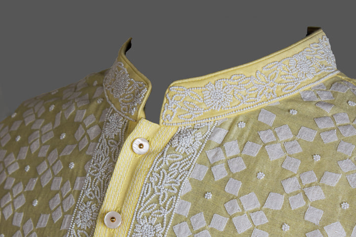 Light Yellow Chanderi Kurta for Men | Patch & Moti Work Designer Kurta | Premium Festive & Wedding Wear