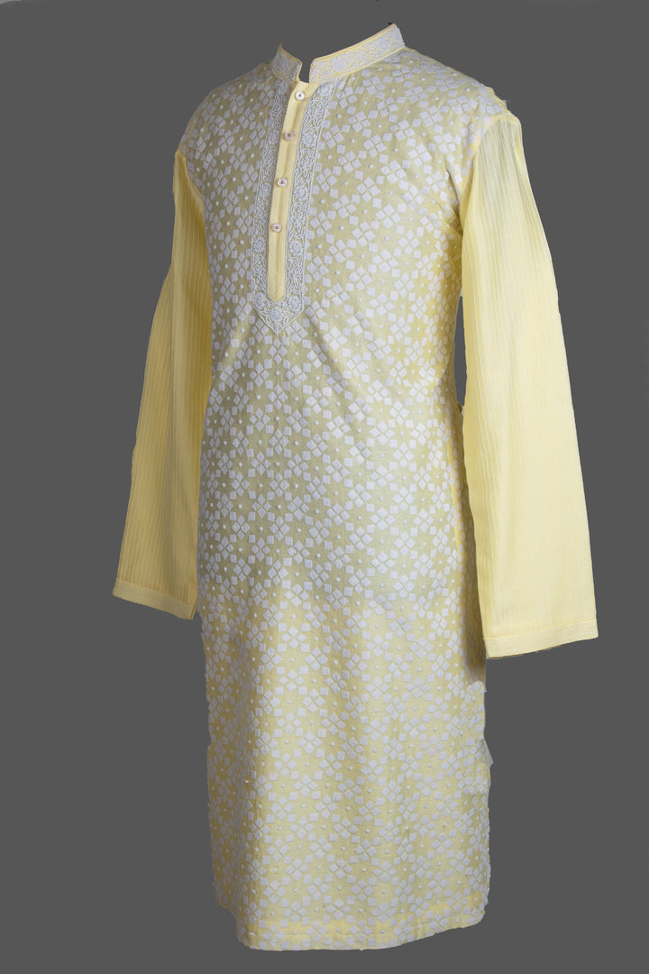 Light Yellow Chanderi Kurta for Men | Patch & Moti Work Designer Kurta | Premium Festive & Wedding Wear