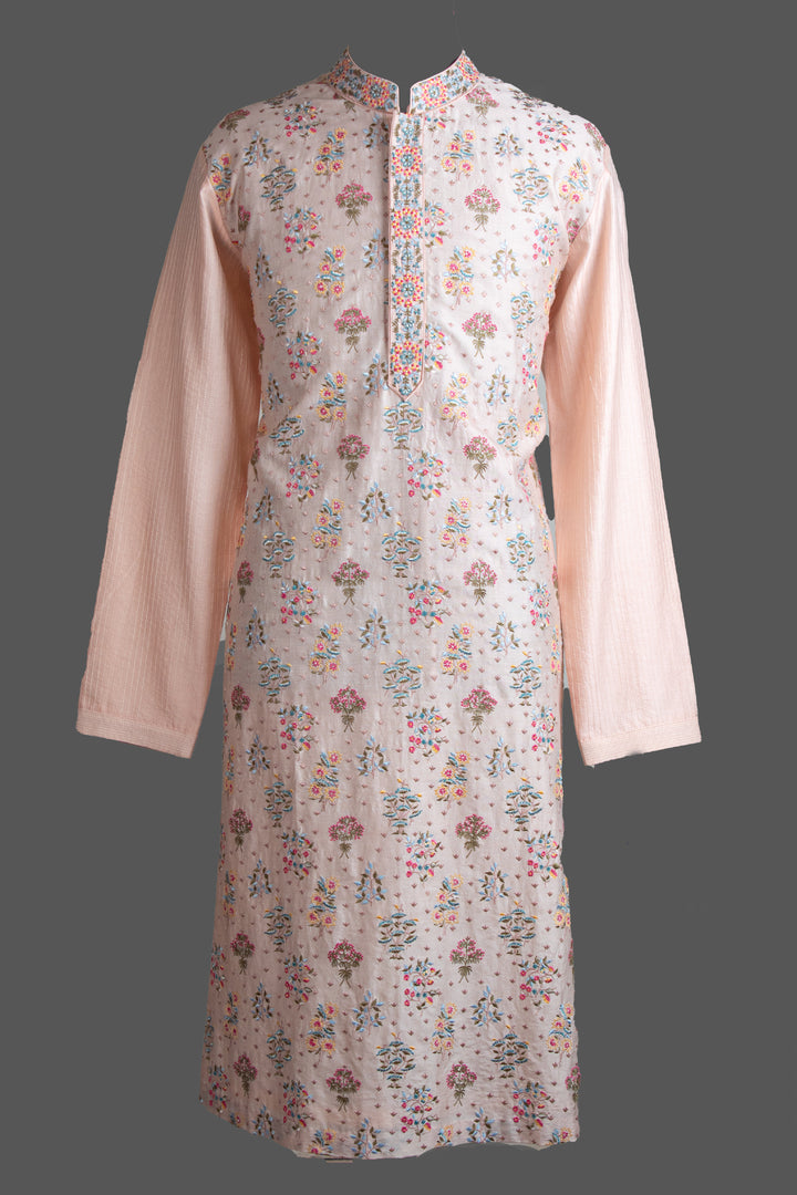 Pink Chanderi Kurta for Men | Machine Embroidered Booti Kurta | Premium Wedding & Festive Wear