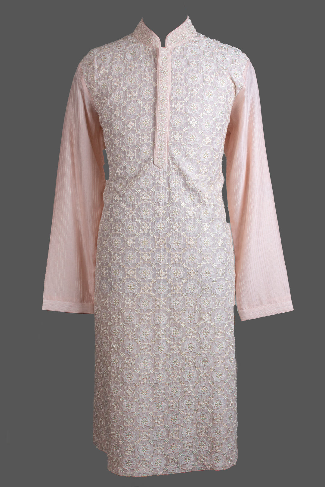 Pink Chanderi Kurta for Men | Geometric Patch Jaal Embroidered Kurta | Designer Wedding & Festive Wear