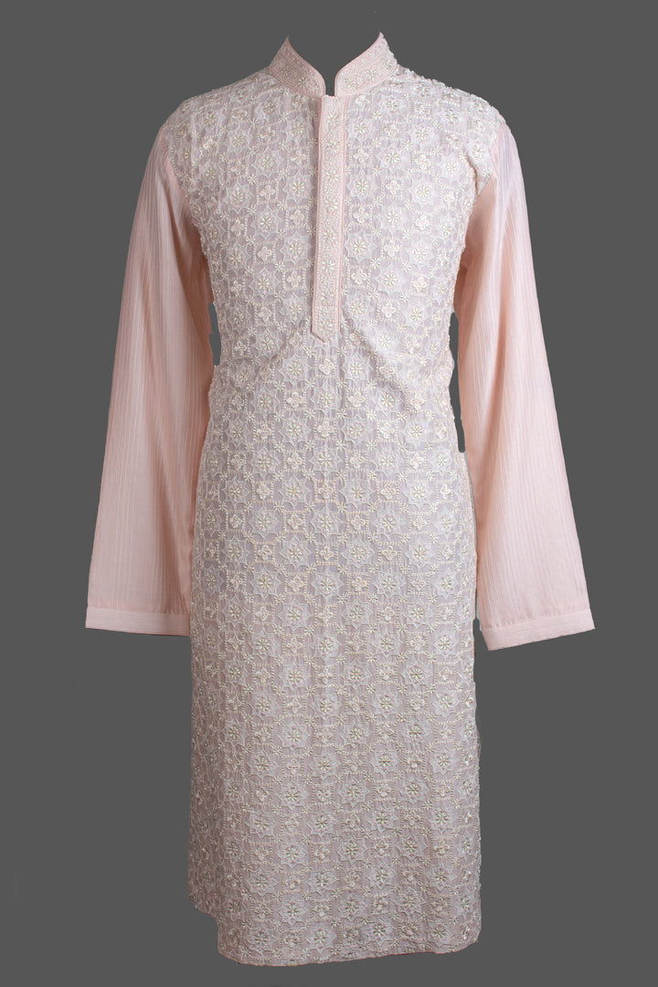 Pink Chanderi Kurta for Men | Geometric Patch Jaal Embroidered Kurta | Designer Wedding & Festive Wear