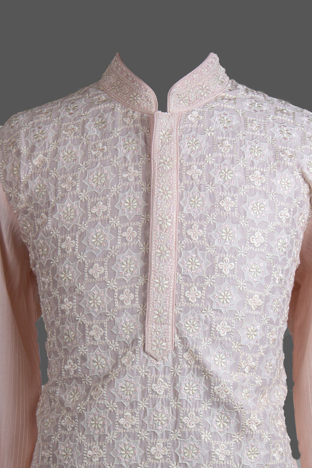 Pink Chanderi Kurta for Men | Geometric Patch Jaal Embroidered Kurta | Designer Wedding & Festive Wear