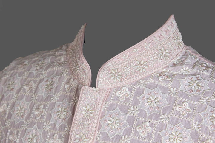 Pink Chanderi Kurta for Men | Geometric Patch Jaal Embroidered Kurta | Designer Wedding & Festive Wear