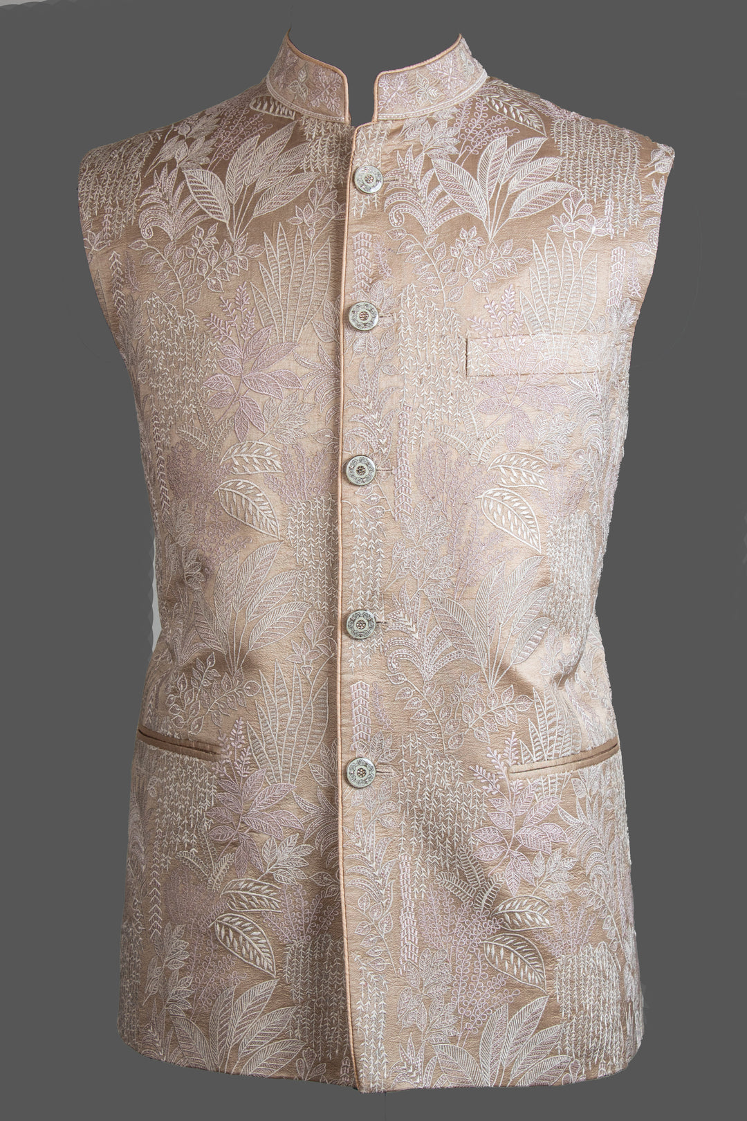 Beige Silk Bundi for Men | Heavy Leaf Jaal Embroidered Nehru Jacket | Luxury Wedding & Festive Wear