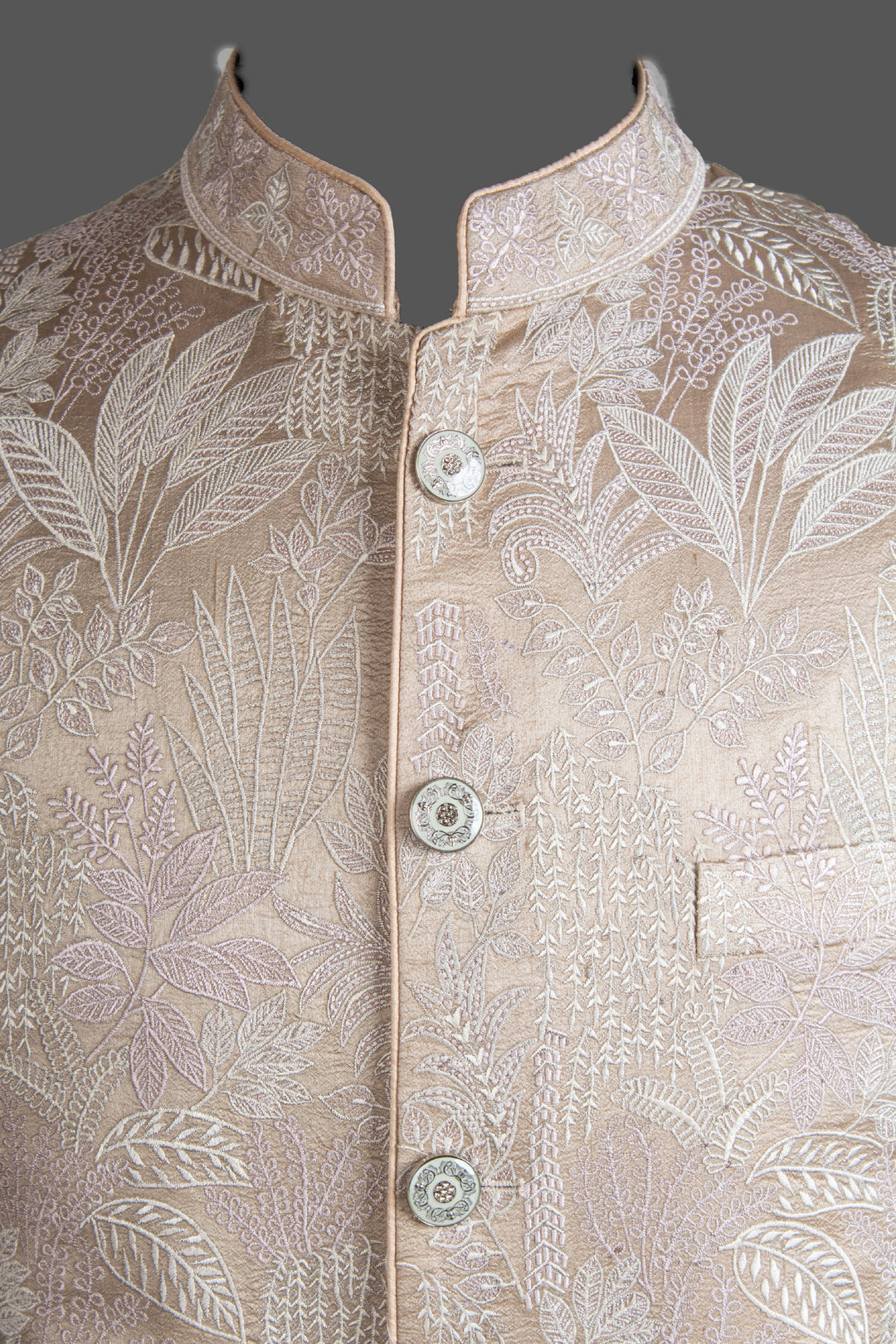 Beige Silk Bundi for Men | Heavy Leaf Jaal Embroidered Nehru Jacket | Luxury Wedding & Festive Wear