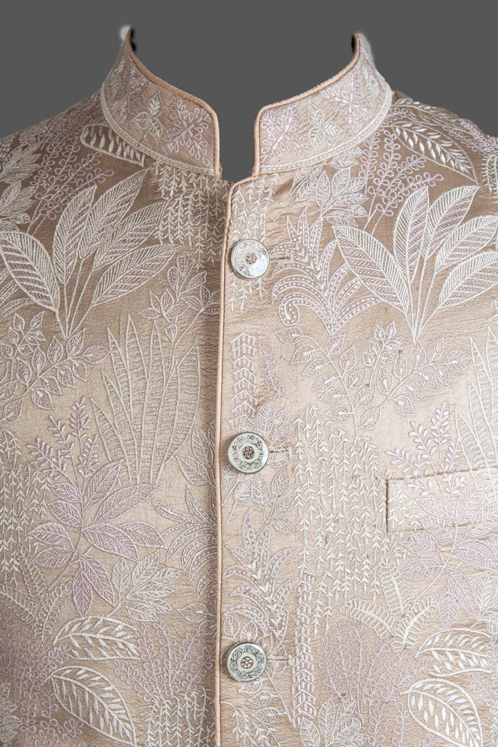 Beige Silk Bundi for Men | Heavy Leaf Jaal Embroidered Nehru Jacket | Luxury Wedding & Festive Wear