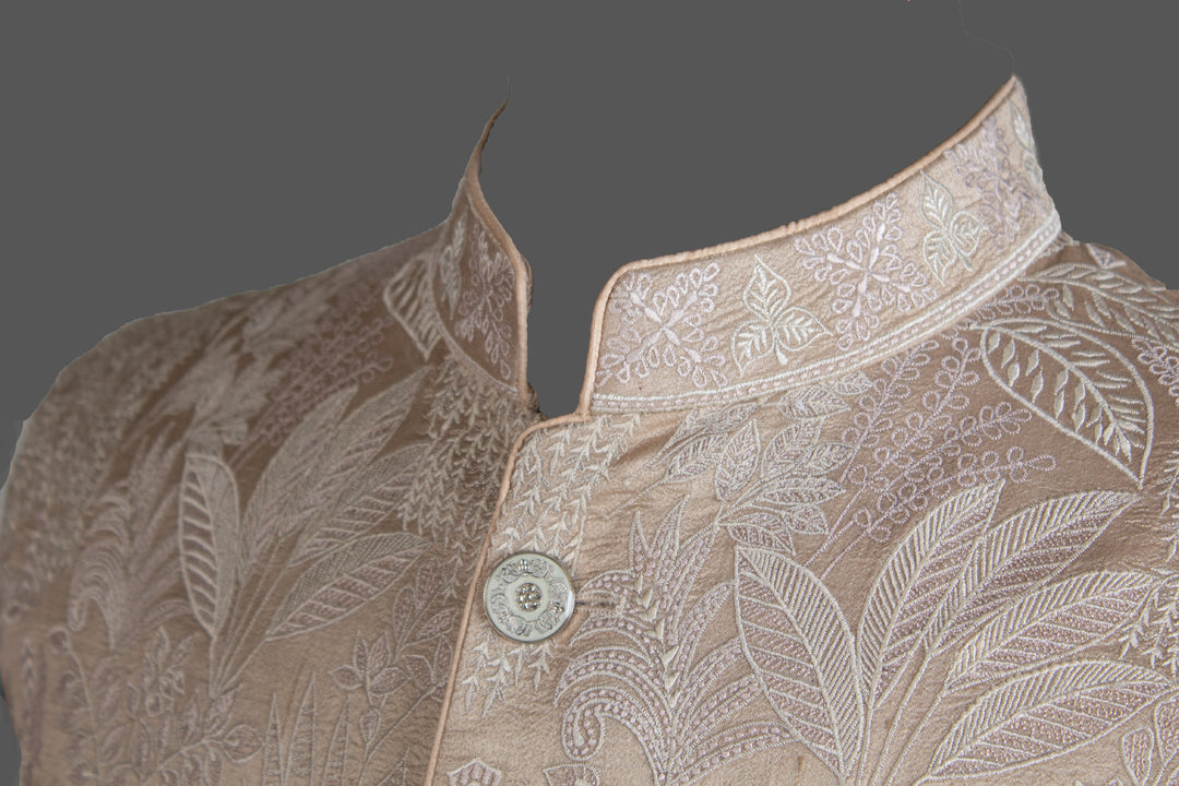 Beige Silk Bundi for Men | Heavy Leaf Jaal Embroidered Nehru Jacket | Luxury Wedding & Festive Wear