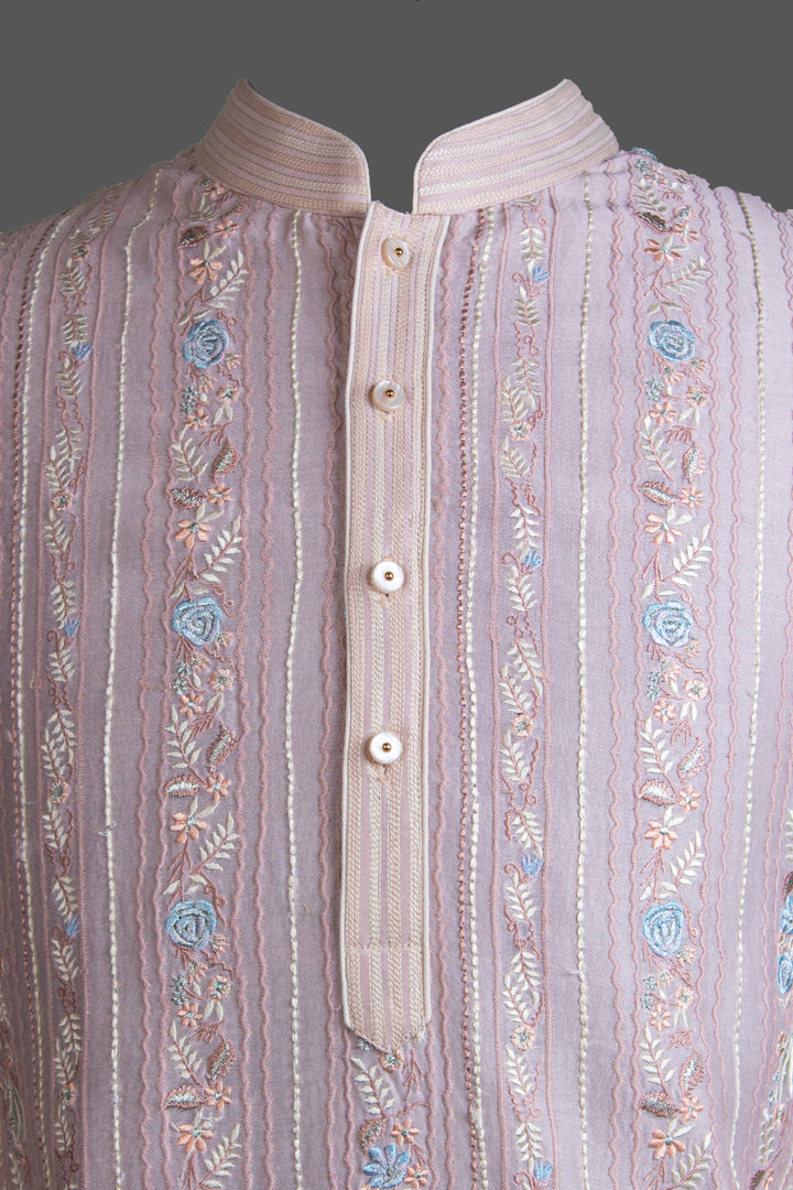 Peach Chanderi Kurta for Men | Machine Embroidered Designer Kurta | Wedding & Festive Wear