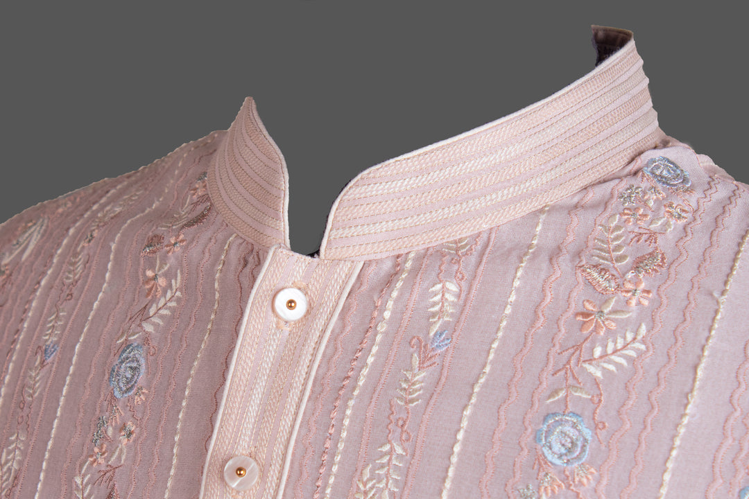 Peach Chanderi Kurta for Men | Machine Embroidered Designer Kurta | Wedding & Festive Wear