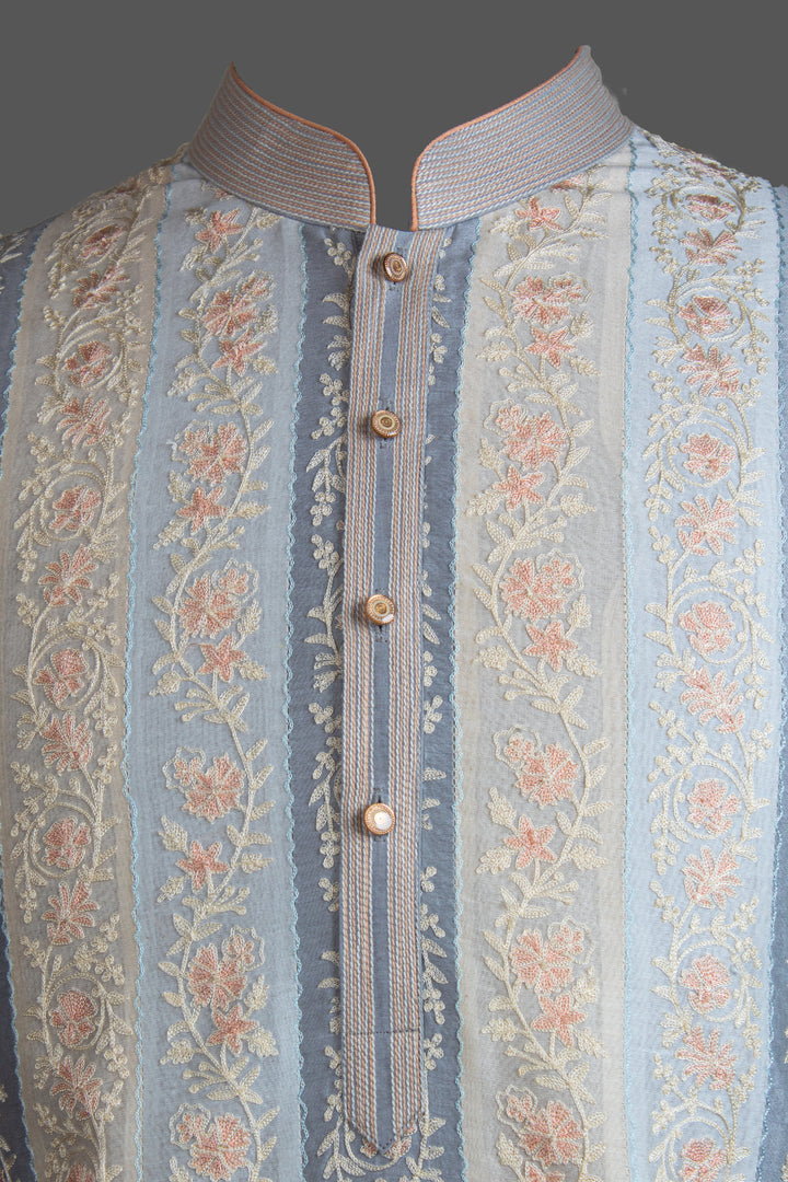 Multicolour Chanderi Kurta for Men | Aari Embroidered Designer Kurta | Wedding & Festive Wear