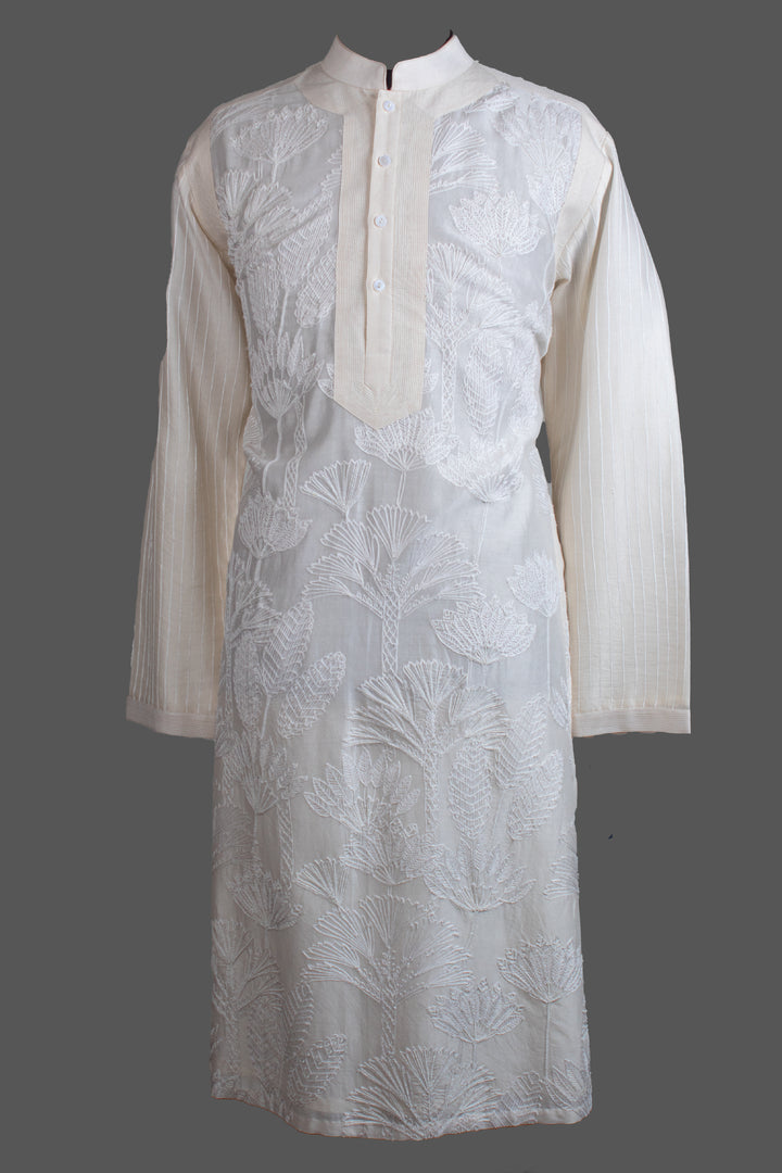 Off-White Chanderi Kurta for Men | Aari & Hand Embroidered Designer Kurta | Luxury Wedding & Festive Wear