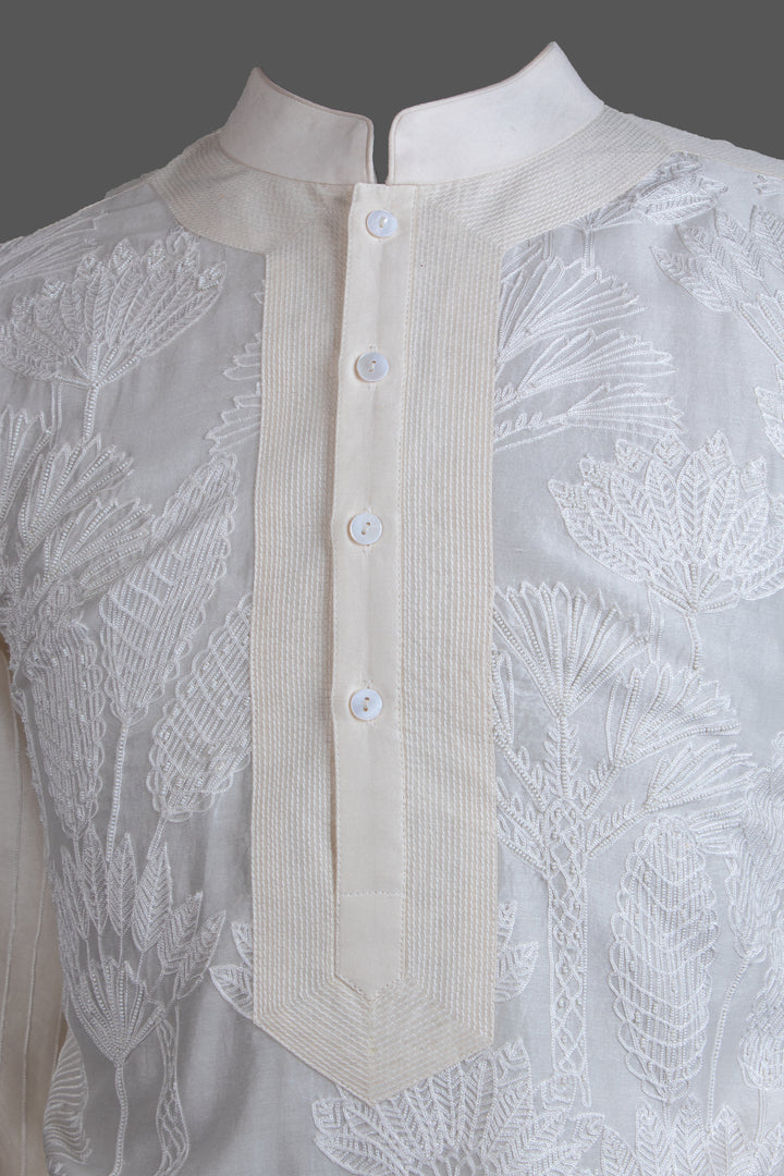 Off-White Chanderi Kurta for Men | Aari & Hand Embroidered Designer Kurta | Luxury Wedding & Festive Wear