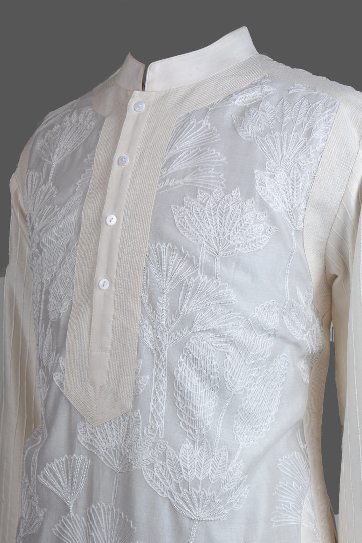 Off-White Chanderi Kurta for Men | Aari & Hand Embroidered Designer Kurta | Luxury Wedding & Festive Wear