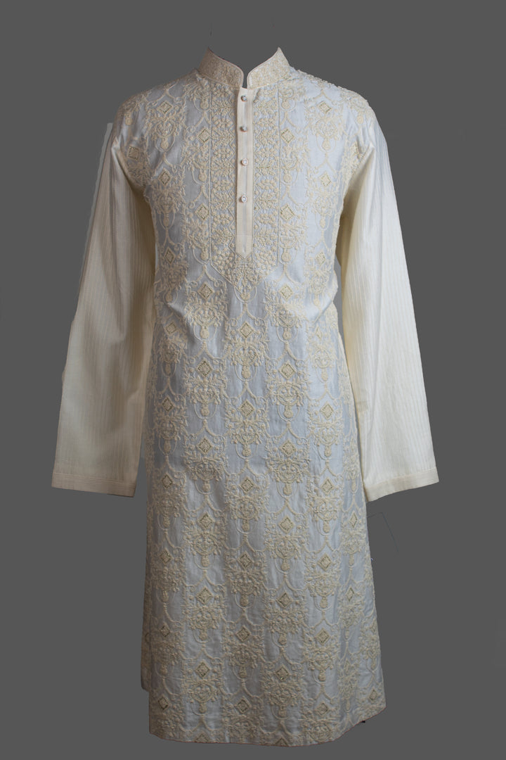 Off-White Chanderi Kurta for Men | Dori Jaal Embroidered Designer Kurta | Wedding & Festive Wear