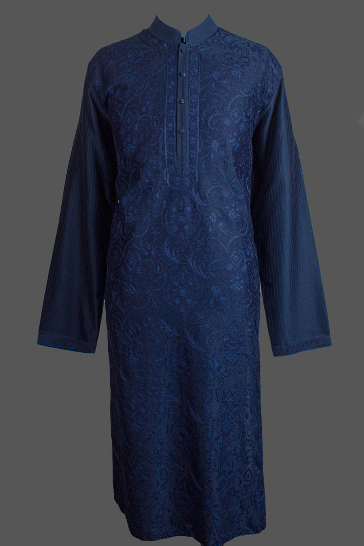 Navy Blue Chanderi Kurta for Men | Aari Jaal Embroidered Designer Kurta | Wedding & Festive Wear