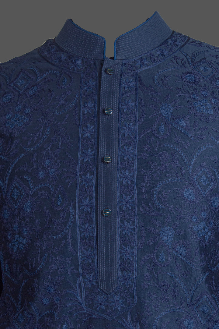 Navy Blue Chanderi Kurta for Men | Aari Jaal Embroidered Designer Kurta | Wedding & Festive Wear