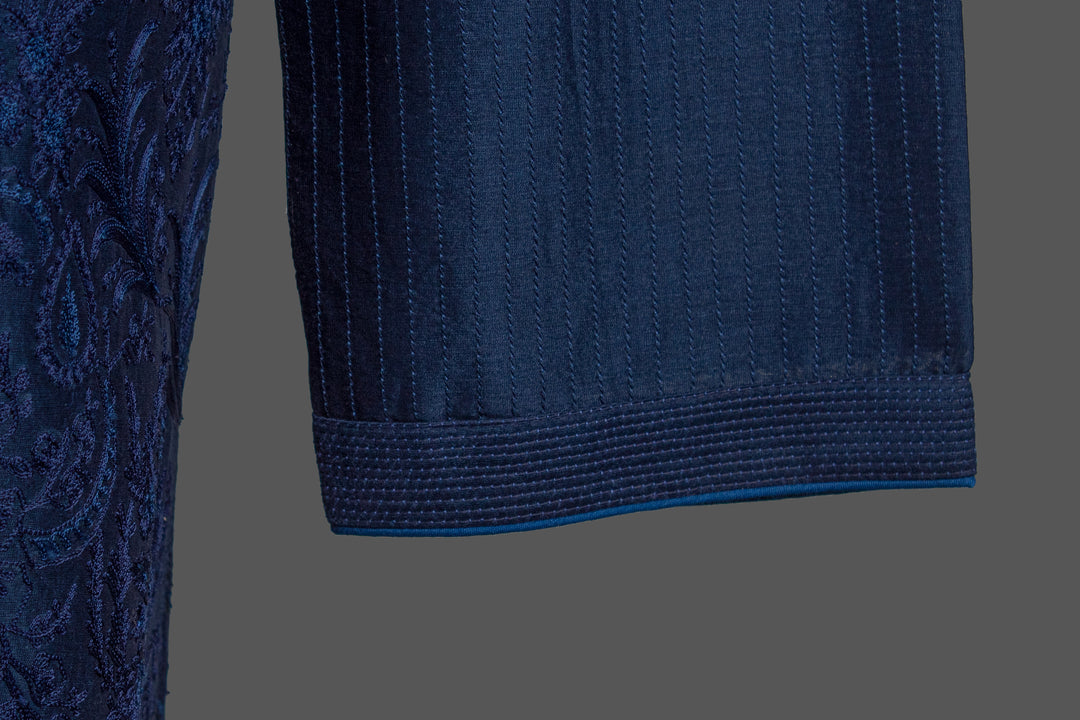 Navy Blue Chanderi Kurta for Men | Aari Jaal Embroidered Designer Kurta | Wedding & Festive Wear