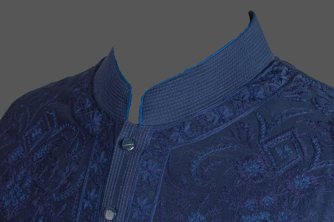 Navy Blue Chanderi Kurta for Men | Aari Jaal Embroidered Designer Kurta | Wedding & Festive Wear