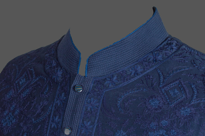 Navy Blue Chanderi Kurta for Men | Aari Jaal Embroidered Designer Kurta | Wedding & Festive Wear