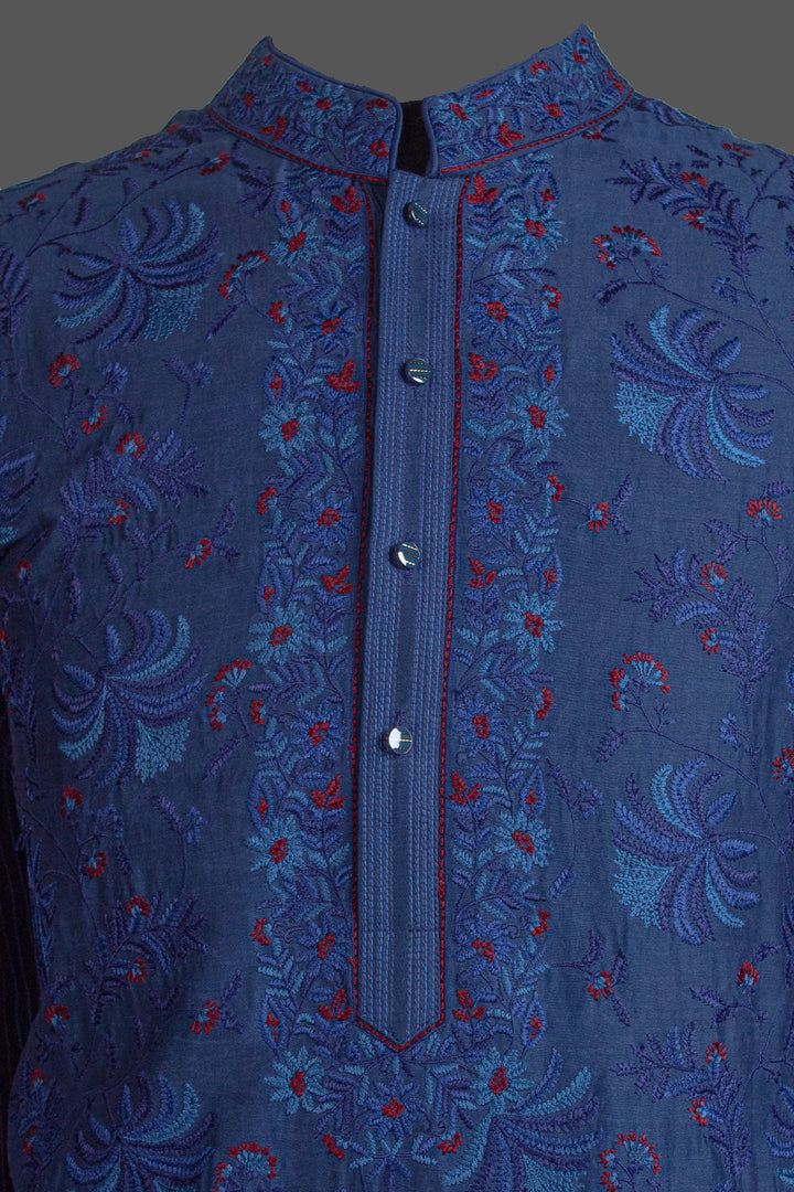 Navy Blue Chanderi Kurta for Men | Jaal Embroidered Designer Kurta | Premium Wedding & Festive Wear